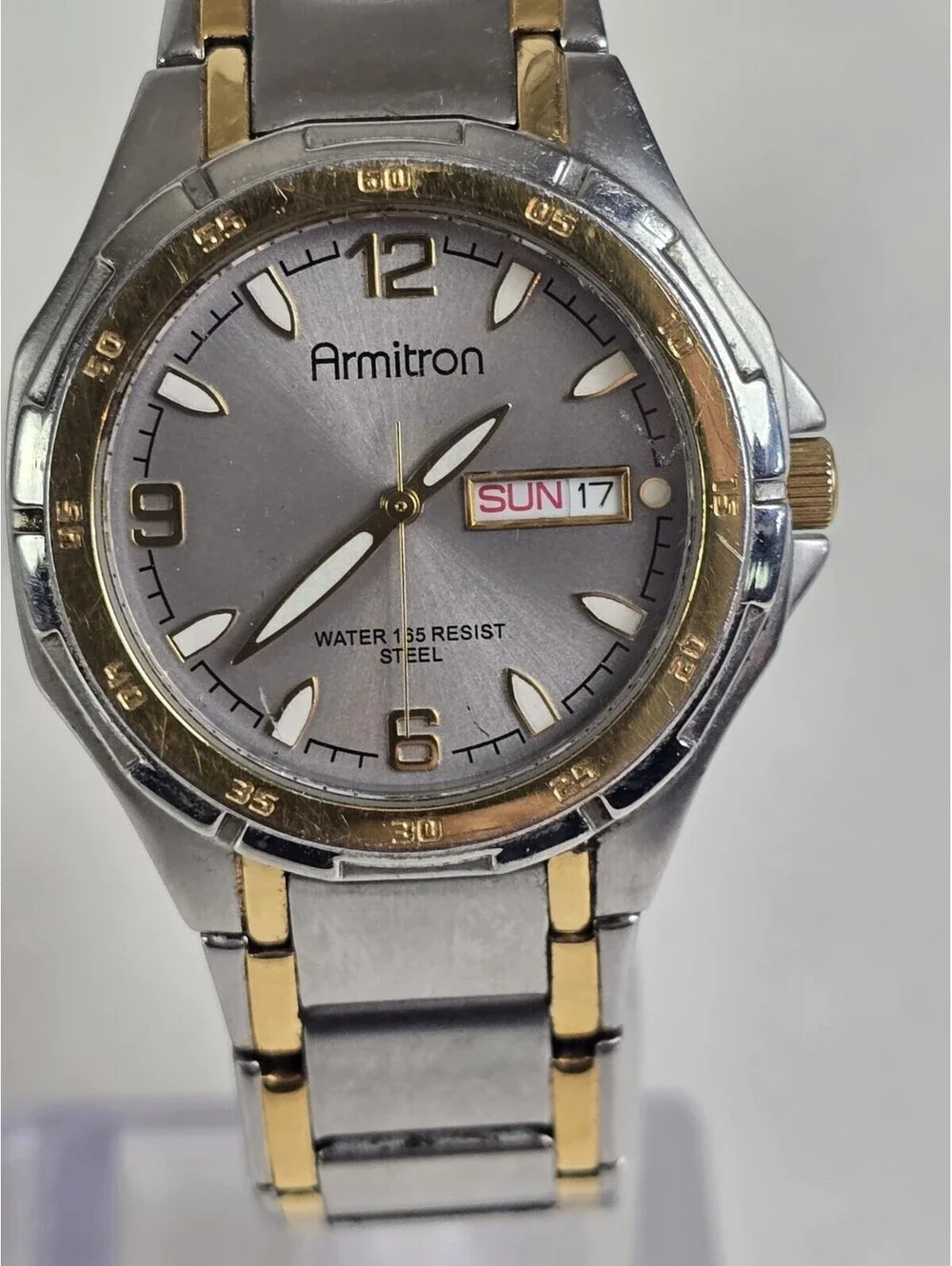 Armitron Mens Watch 39mm Two Tone Bracelet Day Date 165ft New Battery VGC